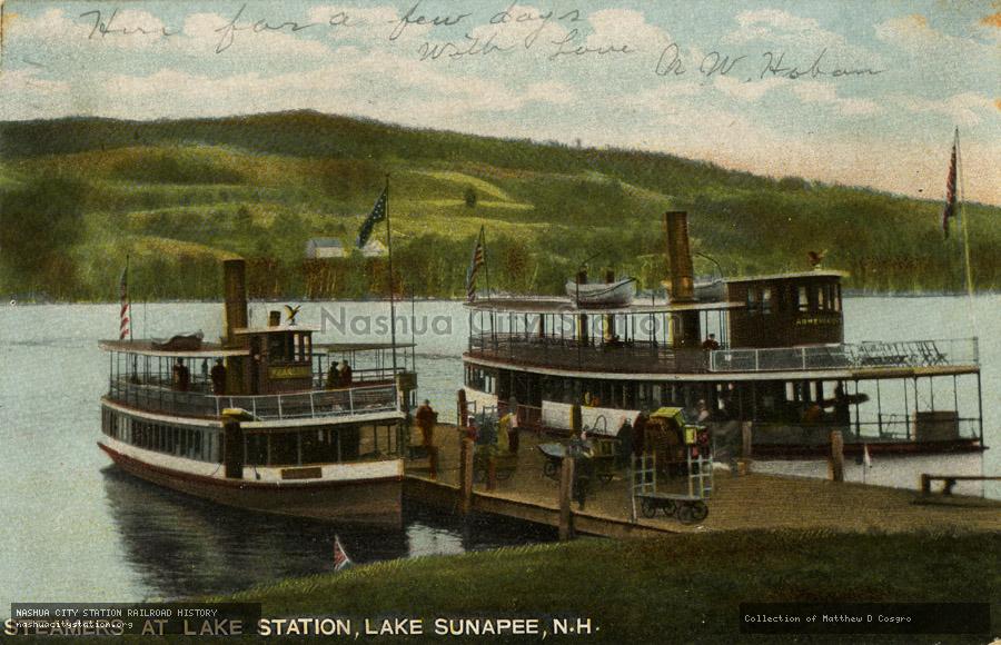 Postcard: Steamers at Lake Station, Lake Sunapee, N.H.